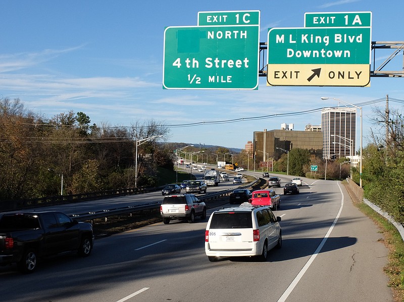 Northbound U.S. Highway 27 traffic approaches downtown Chattanooga.