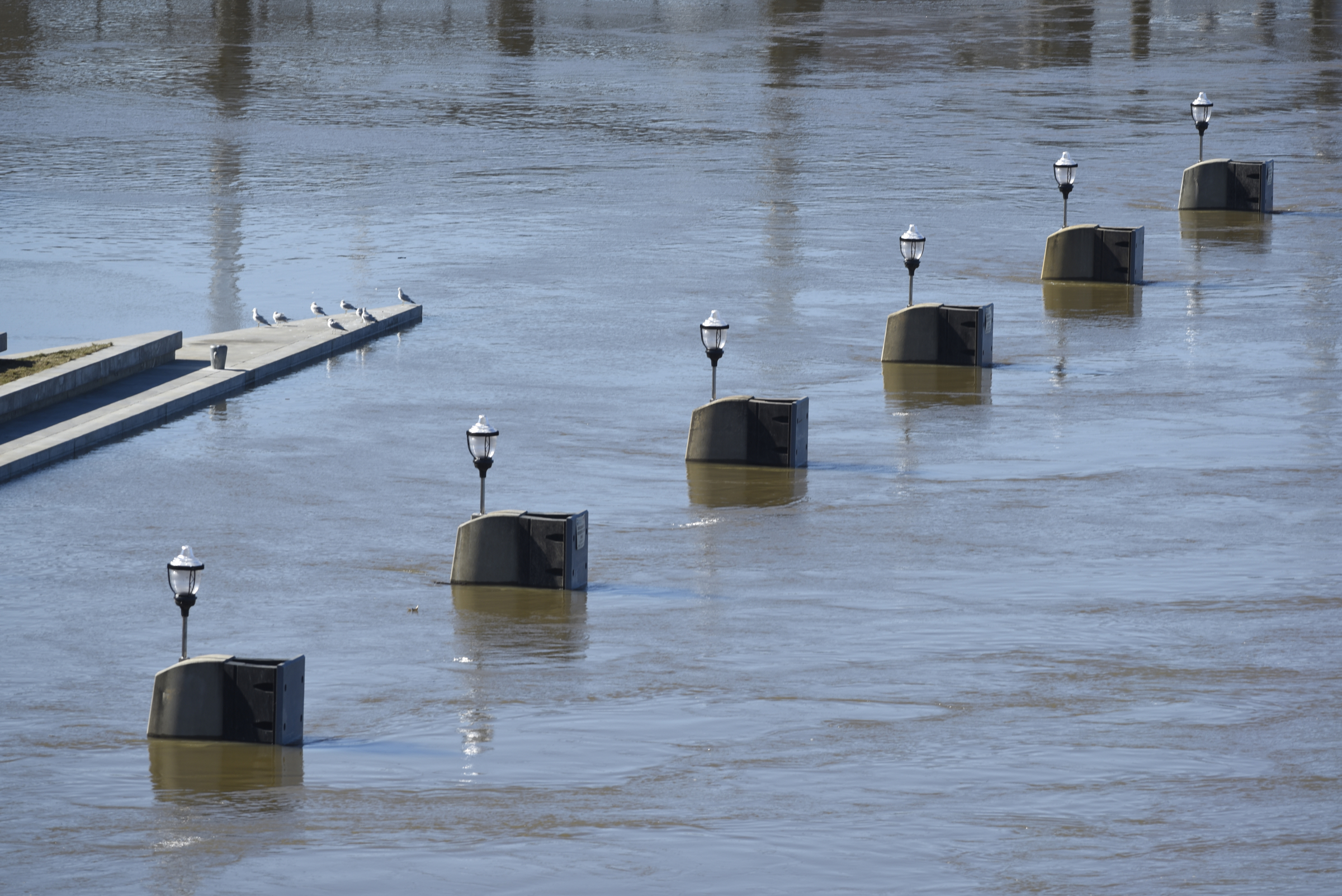 Seen Thursday, Dec. 3, 2015, in Chattanooga, Tenn., the rising level of the Tennessee River has covered the dock and lower steps at the 21st Century Waterfront at Ross's Landing.