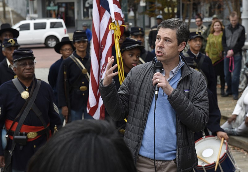Chattanooga Mayor Andy Berke speaks during an event held on the Walnut Street Bridge on Sunday, Dec. 6, 2015, in Chattanooga, Tenn., to commemorate the 150th anniversary of the passage of the 13th Amendment to the Constitution. 