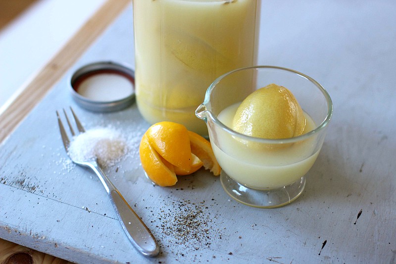 This Oct. 19, 2015 photo, shows preserved lemons in Concord, N.H. In Moroccan and the Middle Eastern cooking, the lemon is treated much differently than here in the U.S. And its a difference I love. While Americans tend to focus on the zest and the juice of the lemon, in the Middle East it is the rind that is prized. Thats because they preserve their lemons, softening the rind and essentially pickling it with a long soak in a brine of salt and juice.   (AP Photo/Matthew Mead)