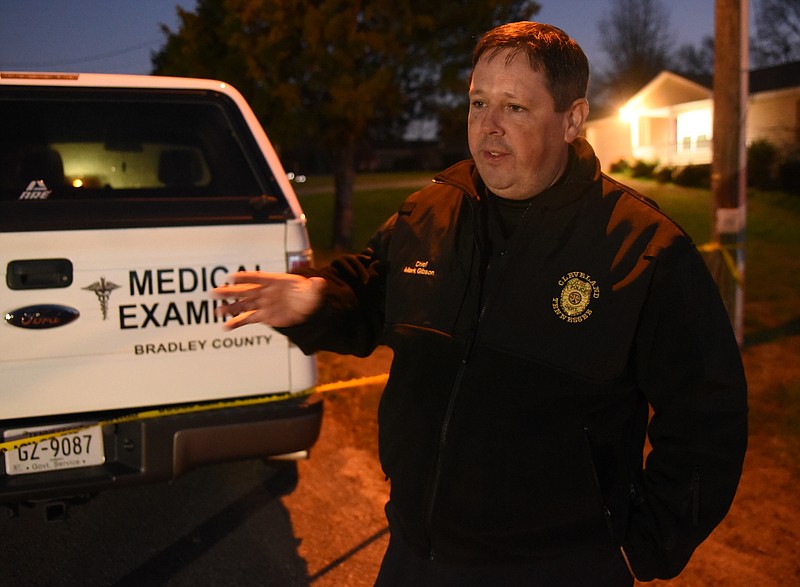 Cleveland Police Chief Mark Gibson talks about a double homocide from the street on Hillview Drive, NW Monday evening following discovery of a woman and her young child in their home.
