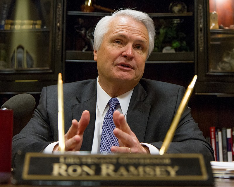 In this Feb. 21, 2013, file photo, state Senate Speaker Ron Ramsey holds a news conference in his office in Nashville