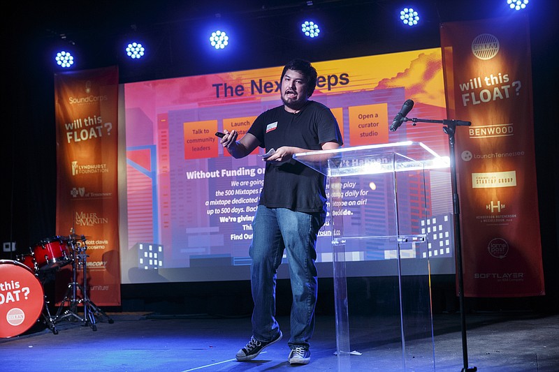 Dave Castaneda with undaground pitches his company at the Will This Float? event held at the Revelry Room on Thursday, Dec. 10, 2015, in Chattanooga, Tenn. Ten finalists pitched business plans in the contest, and the selected winners were the company undaground in the best overall category, Southside Strings in best music & entertainment, and the CPR Lifewrap in best general business.