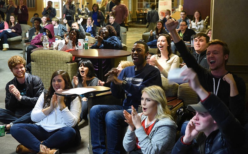 Lee University students gather in the Paul Conn Student Union last Monday night to watch "The Voice" and cheer for fellow Lee student Jordan Smith.