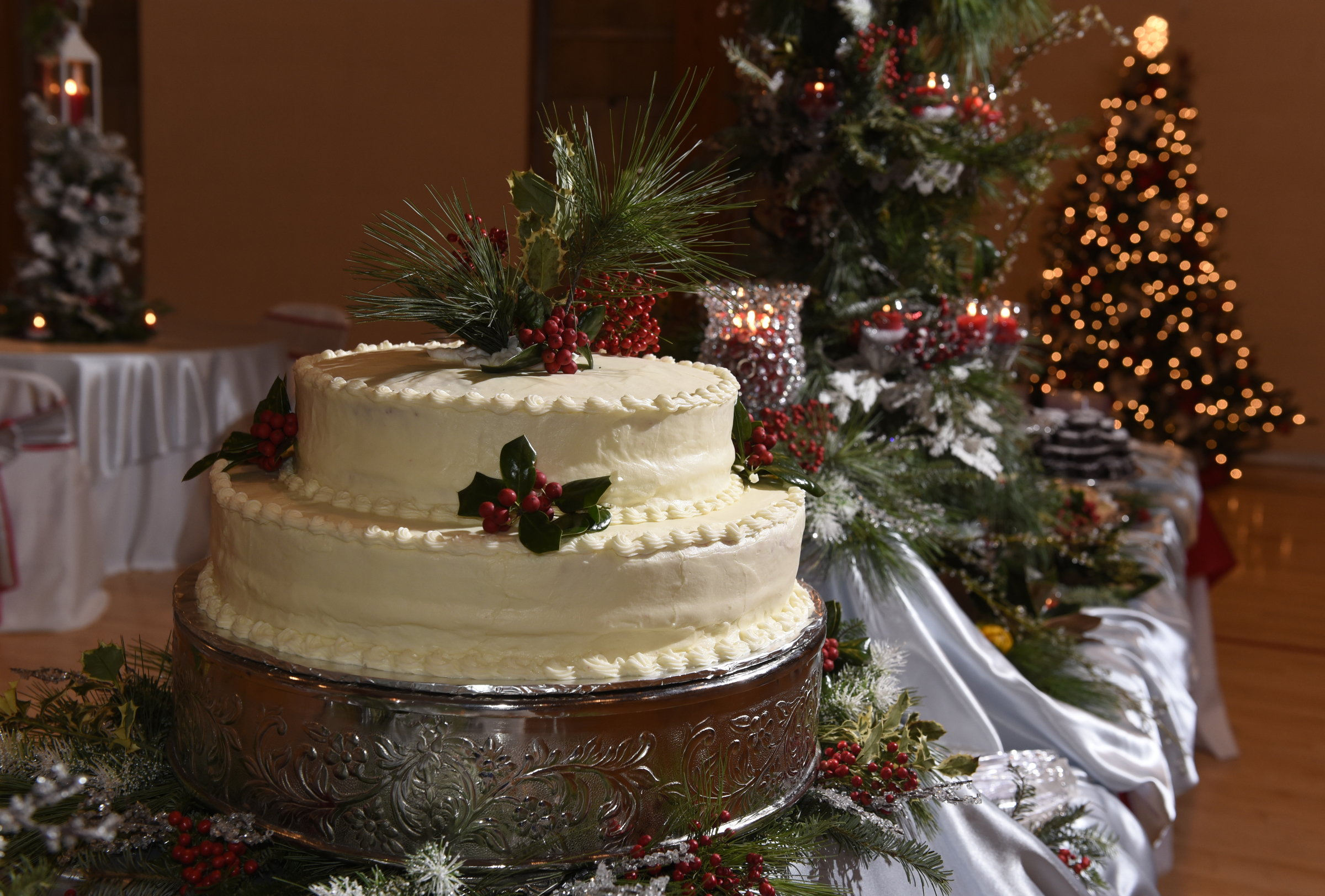 A red velvet cake was the centerpiece of the dessert buffet.