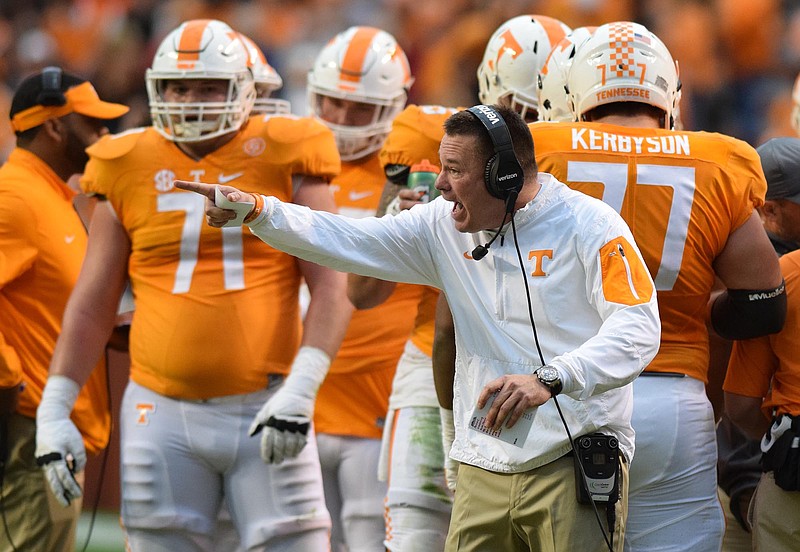 Butch Jones gestures that he wants to speak with the referee.  The Vanderbilt Commodores visited the Tennessee Volunteers in SEC football action November 28, 2015.