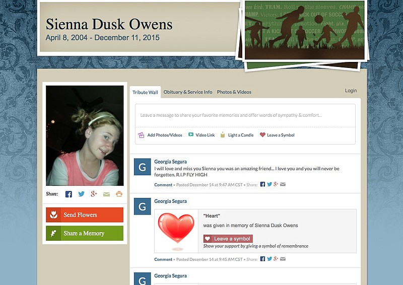 A screenshot of Sienna Dusk Owens' online memorial page.