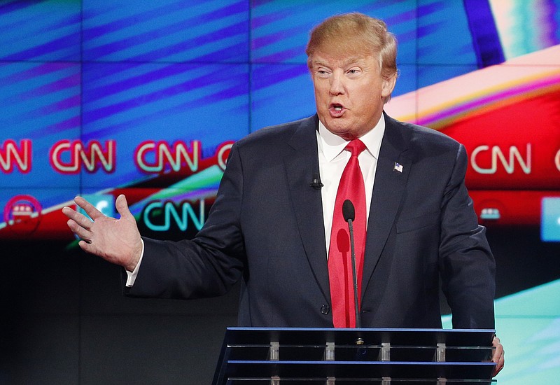 Donald Trump makes a point during the CNN Republican presidential debate at the Venetian Hotel & Casino on Tuesday, Dec. 15, 2015, in Las Vegas.