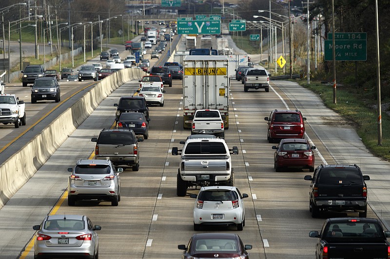 Traffic backs up on Interstate 24 during rush hour on Friday, Dec. 18, 2015, in Chattanooga, Tenn.