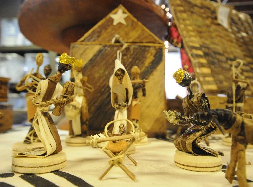 The delicate Nativity scene is made from folded banana leaves and is one of the treasures sold in Armani's retail section.