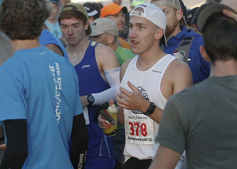 Chattanooga's Daniel Hamilton, in white, prepares for the start of the Rock/Creek StumpJump 50k trail race in October 2014. Hamilton, who won that race, finished first in last Saturday's Lookout Mountain 50 Miler, which completed the Wild Trails Race Series for 2015.