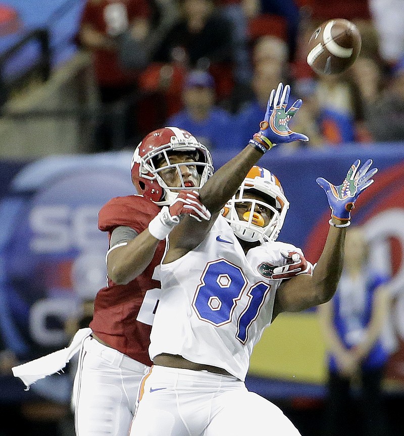 Alabama cornerback Marlon Humphrey, shown here defending Florida's Antonio Callaway earlier this month in the SEC title game, has started all 13 games this season as a redshirt freshman.