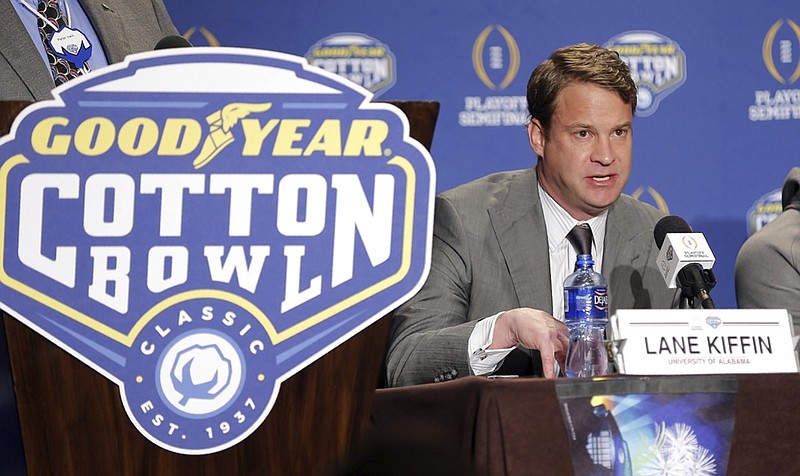 Alabama offensive coordinator and quarterbacks coach Lane Kiffin answers questions during a news conference for the NCAA Cotton Bowl college football game, Sunday, Dec. 27, 2015, in Dallas. (AP Photo/Brandon Wade)