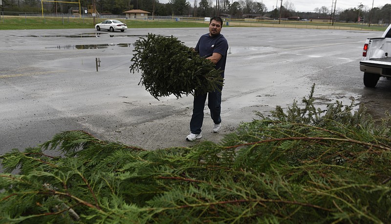 Joe Hyndman recycles puts one of his family's Christmas trees on a pile at the Hamilton County Recycling Center on Crabtree Road on  Monday, Dec. 28, 2015, in the Middle Valley community near Chattanooga, Tenn. 
