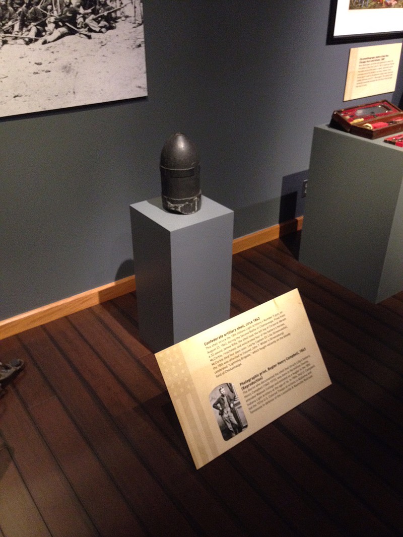 The 32-pound James Rifle shell on display at the Indiana State Museum.