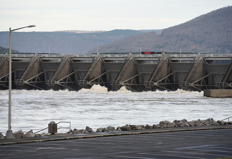 The Nickajack Dam spills water through following the December days of heavy rain in this Dec. 30, 2015 photo.