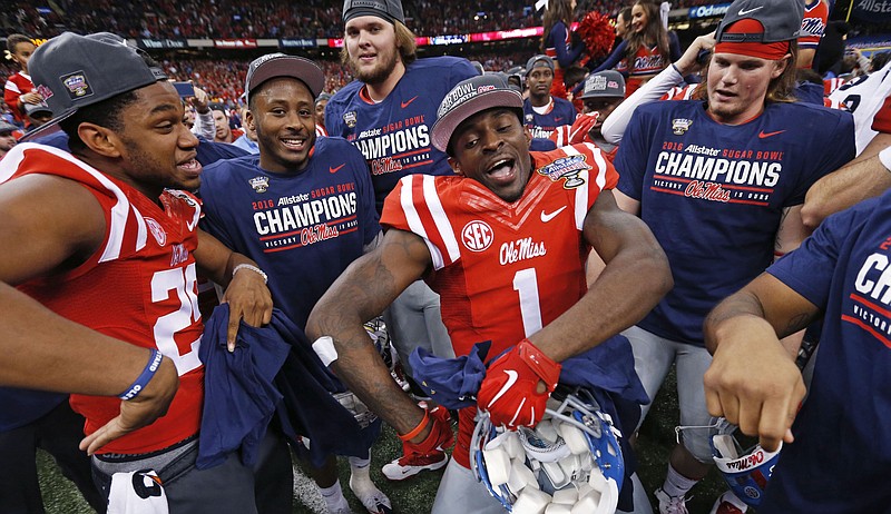 Mississippi wide receiver Laquon Treadwell (1) celebrates after their victory over Oklahoma State in the Sugar Bowl college football game in New Orleans, Friday, Jan. 1, 2016. Mississippi won 48-20. (AP Photo/Jonathan Bachman)