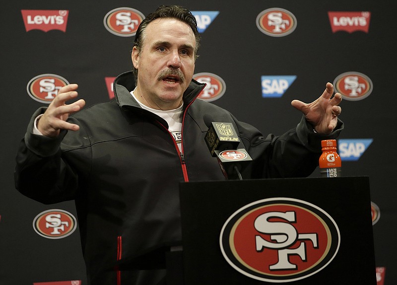 San Francisco 49ers head coach Jim Tomsula speaks at a news conference after an NFL football game against the St. Louis Rams in Santa Clara, Calif., Sunday, Jan. 3, 2016. The 49ers won 19-16 in overtime.