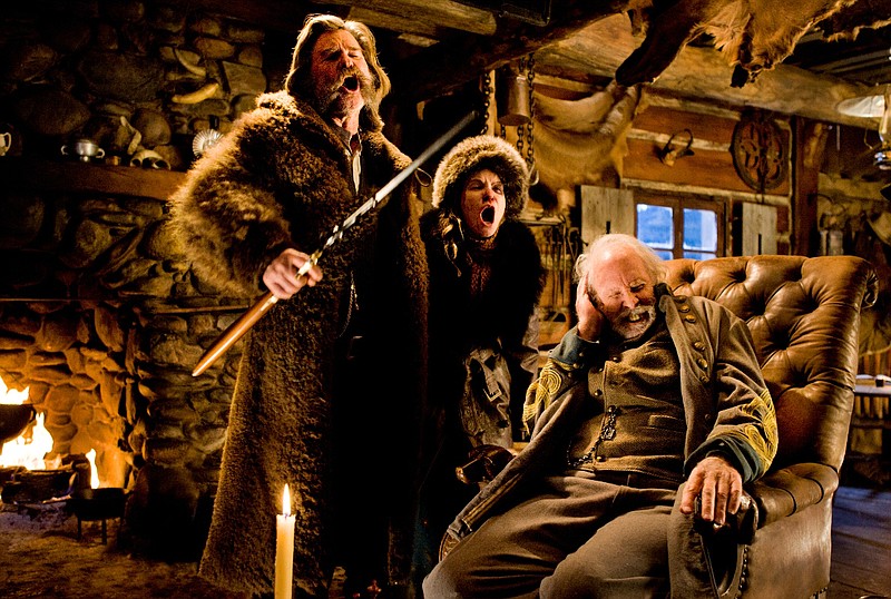This image released by The Weinstein Company shows Kurt Russell, from left, Jennifer Jason Leigh and Bruce Dern in a scene from the film, "The Hateful Eight."