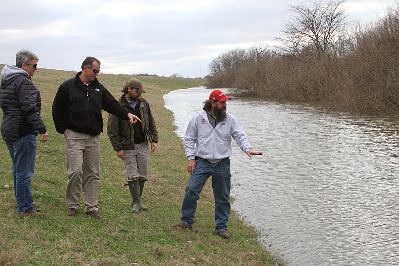 Members of the Deltq Joint Water Management District, Carol Davis, from left, Peter Nimrod, Chief Engineer Mississippi Levee Board, Taylor Bowling and Dan Kirkland look for potential problem areas along the river side of the levee Monday Jan. 4, 2016, in Greenville, Mississippi.