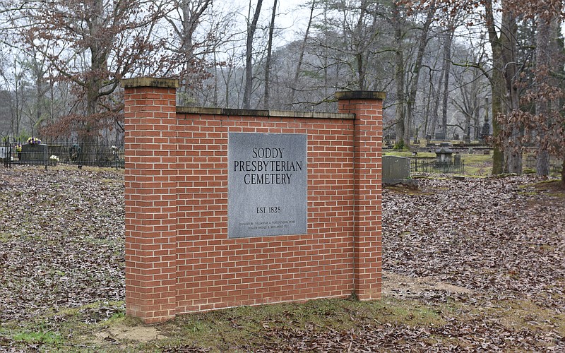 The entrance sign to the Soddy Presbyterian Cemetery is shown.