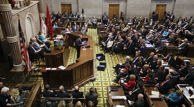 Gov. Bill Haslam delivers his annual State of the State address to the Tennessee legislature in 2015, in Nashville.