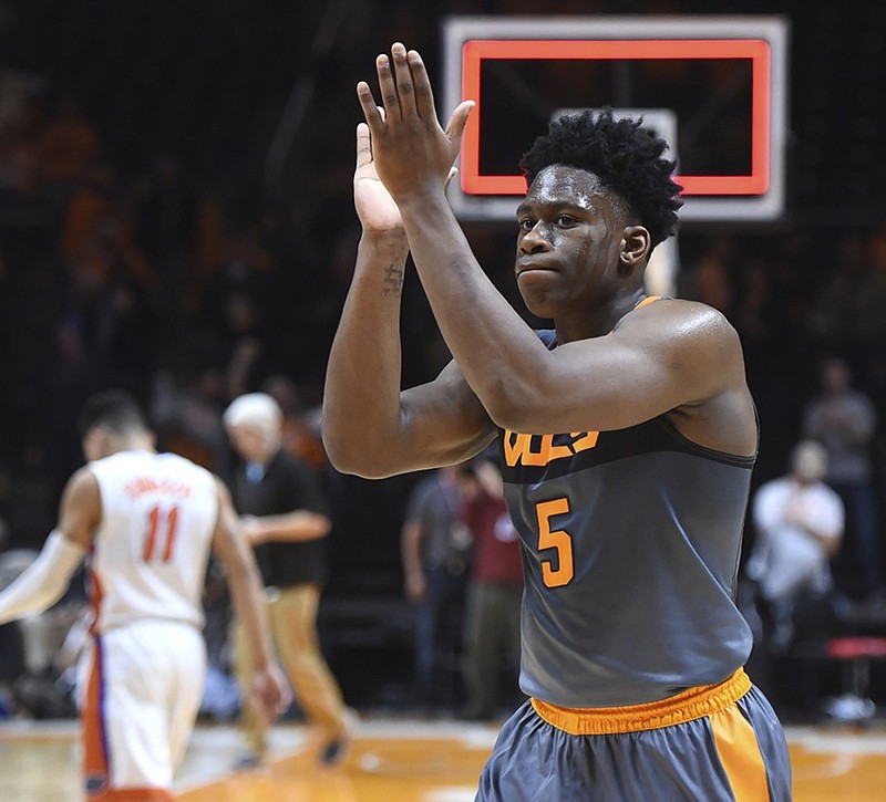Tennessee forward Admiral Schofield celebrates the Vols' 83-69 win over Florida on Wednesday night in Knoxville. Schofield finished with 17 points and eight rebounds, but his biggest contribution might have been guarding 6-foot-11 Gators center John Egbunu.