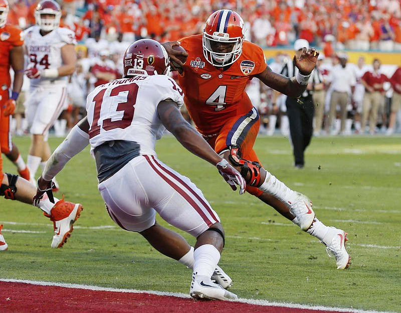 Clemson's Deshaun Watson, shown here scoring a touchdown in the 37-17 defeat of Oklahoma in the Orange Bowl, is the toughest quarterback Alabama has faced in a national championship game under Nick Saban.