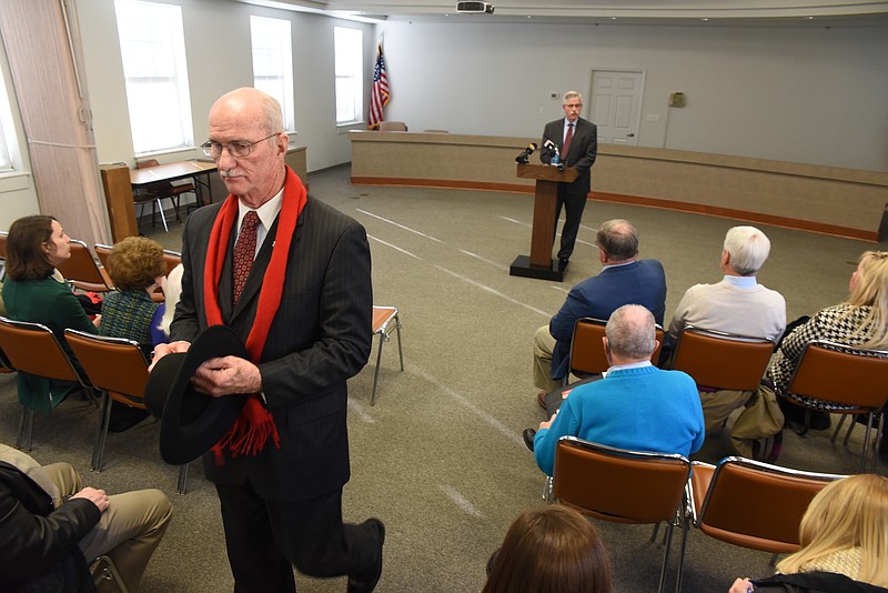 Superintendent of Schools Rick Smith makes a statement to the media Monday following statements by Hamilton County Sheriff Jim Hammond, near left.