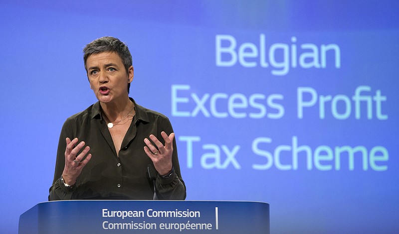 
              European Union Commissioner for Competition Margrethe Vestager speaks during a media conference on a state aid ruling at EU headquarters in Brussels on Monday, Jan. 11, 2016. The European Union has ordered Belgium to recover some 760 million US dollars in illegal tax breaks from 35 multinationals in the latest move to fight sweet deals many member states have offered to some of the world's biggest companies. (AP Photo/Virginia Mayo)
            