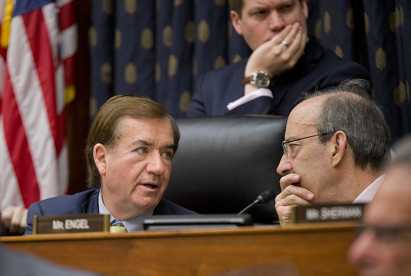 In this Jan. 7, 2016, file photo House Foreign Affairs Committee Chairman Rep. Ed Royce, R-Calif., left, talks with the committee's ranking member Rep. Eliot Engel, D-N.Y. on Capitol Hill in Washington.