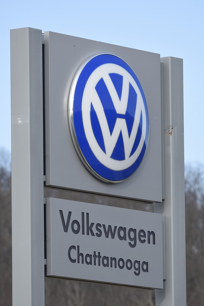 The entrance sign for the Chattanooga Volkswagen assembly plant, located in the Enterprise South industrial park, is photographed on Thursday, Jan. 14, 2016, in Chattanooga, Tenn.
