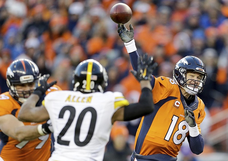 Denver Broncos quarterback Peyton Manning, right, passes against the Pittsburgh Steelers during the second half in an NFL football divisional playoff game, Sunday, Jan. 17, 2016, in Denver. (AP Photo/Joe Mahoney)