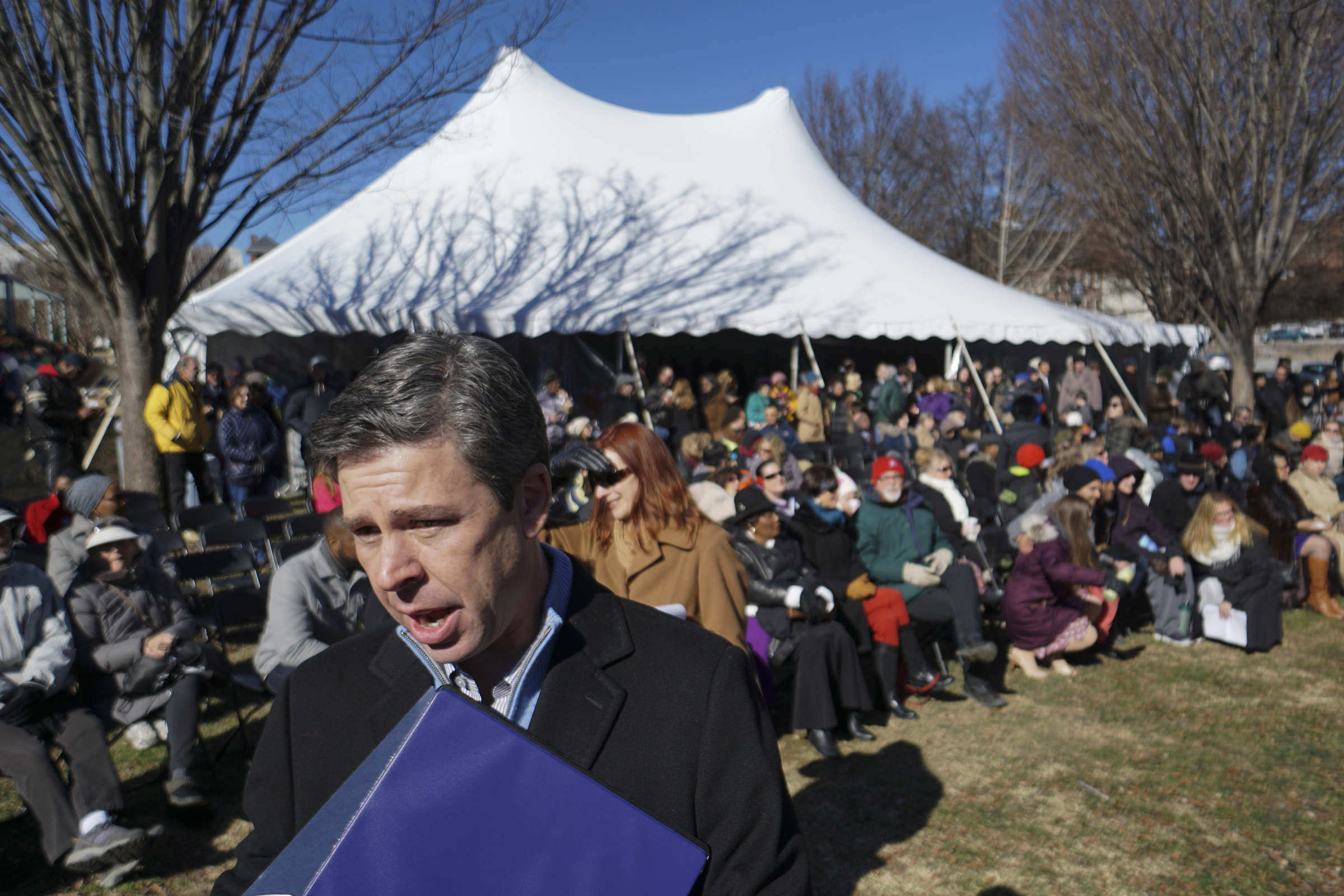 Staff Photo by Dan Henry / The Chattanooga Times Free Press- 1/18/16. Chattanooga City Mayor Andy Berke speaks during the dedication of the $200,000 M.L. King Blvd. mural project on January 18, 2016.