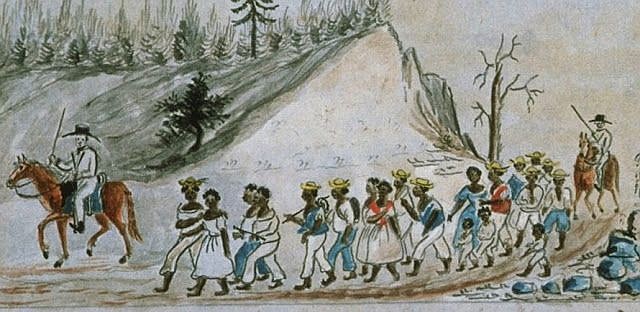 "Slaves Walking From Staunton, Virginia, to Tennessee, 1850s" by Lewis Miller, from "Sketchbook of Landscapes in the State of Virginia," is representative of the antebellum slave trade. A National Park Service program Saturday at Moccasin Bend National Archaeological District will explore one such route.