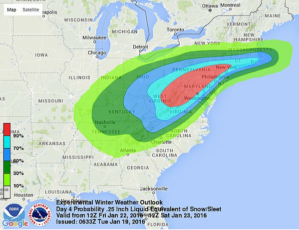 
              This image provided by National Oceanic and Atmospheric Administration's (NOAA) National Weather Service Weather Prediction Center shows an early computer model forecasting the chances of a windy, strong sleet-snow storm hitting the East Coast this weekend, Jan. 22-23, 2016. Meteorologists say tens of millions of Americans from Washington to Boston and the Ohio Valley could be walloped by an end-of-the-week snowstorm. (National Oceanic and Atmospheric Administration via AP)
            