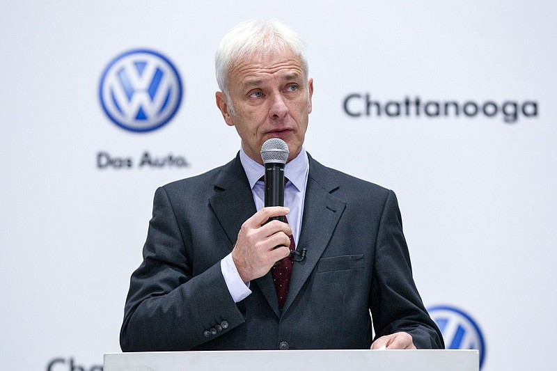 Volkswagen CEO Matthias Mueller speaks to workers at the German automakerճ lone U.S. plant in Chattanooga, Tenn., Thursday, Jan. 14, 2016. Mueller said he had agreed with federal environmental regulators not to publicly  discuss Volkswagenճ next steps in addressing its emissions cheating scandal. Volkswagen was forced to admit last year that about 600,000 vehicles nationwide were sold with illegal software designed to trick government emissions tests.   (AP Photo/Erik Schelzig)