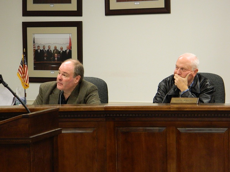 Cleveland Regional Jetport Director of Operations Mark Fidler, left, and Cleveland Municipal Airport Authority member Steve Wright review jetport construction projects that include a new hangar and facilities for LifeForce helicopters and personnel.