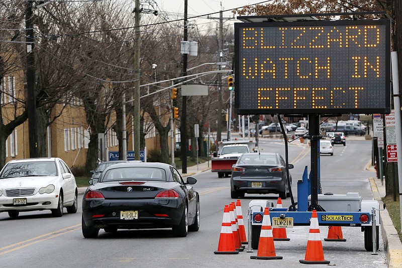 
              A sign warms motorists of an incoming snowstorm, Friday, Jan. 22, 2016, in Secaucus, N.J. Towns across the state are hunkering down in preparation for a major snowstorm expected to begin later in the day. (AP Photo/Julio Cortez)
            