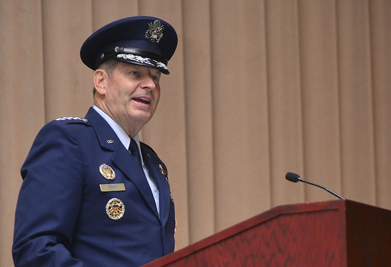 In this July 28, 2015, image provided by the U.S. Air Force, Gen. Robin Rand speaks after taking command of Air Force Global Strike Command during a ceremony at Barksdale Air Force Base, La. Errors by three airmen troubleshooting a nuclear missile in its launch silo in 2014 triggered a "mishap" that damaged the missile, causing the Air Force to withdraw the airmen's nuclear certification and launch an accident investigation, officials said Friday, Jan. 22, 2016. Under the Air Force's own regulations, Accident Investigation Board reports are supposed to be made public. The Air Force did release a brief summary to The Associated Press after it sought answers about the mishap. The summary said the full report was classified by Rand, the four-star general who commands Air Force nuclear forces. (Mozer O. Da Cunha/U.S. Air Force via AP)