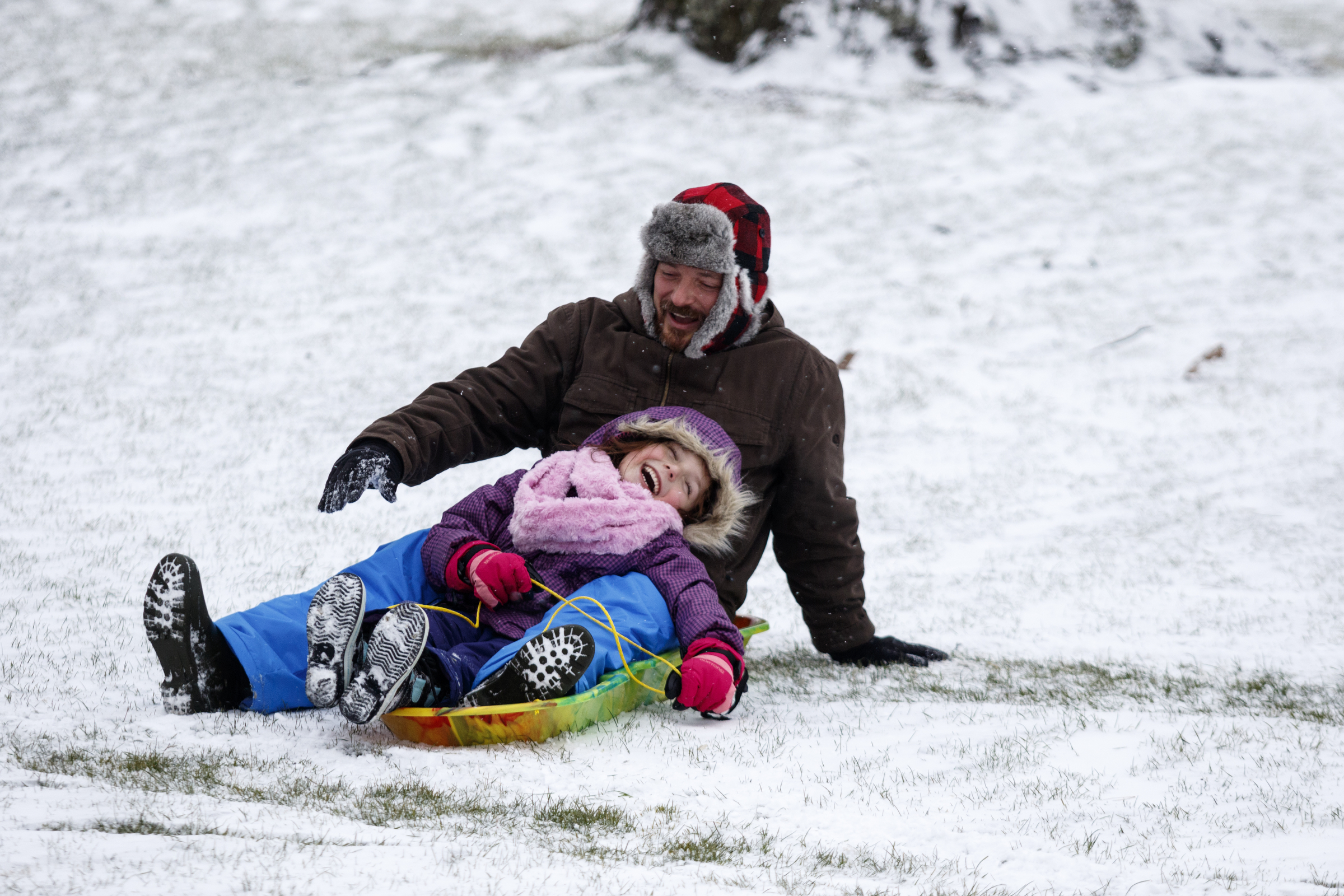 Paul Kaplan and his daughter Ava laugh after sledding down a hill on a fairway of the Signal Mountain Golf and Country Club after winter storm Jonas swept across the Eastern United States on Saturday, January 23, 2016, in Signal Mountain, Tenn. While much of the East Coast received heavy snowfall, the Tennessee Valley was less effected.