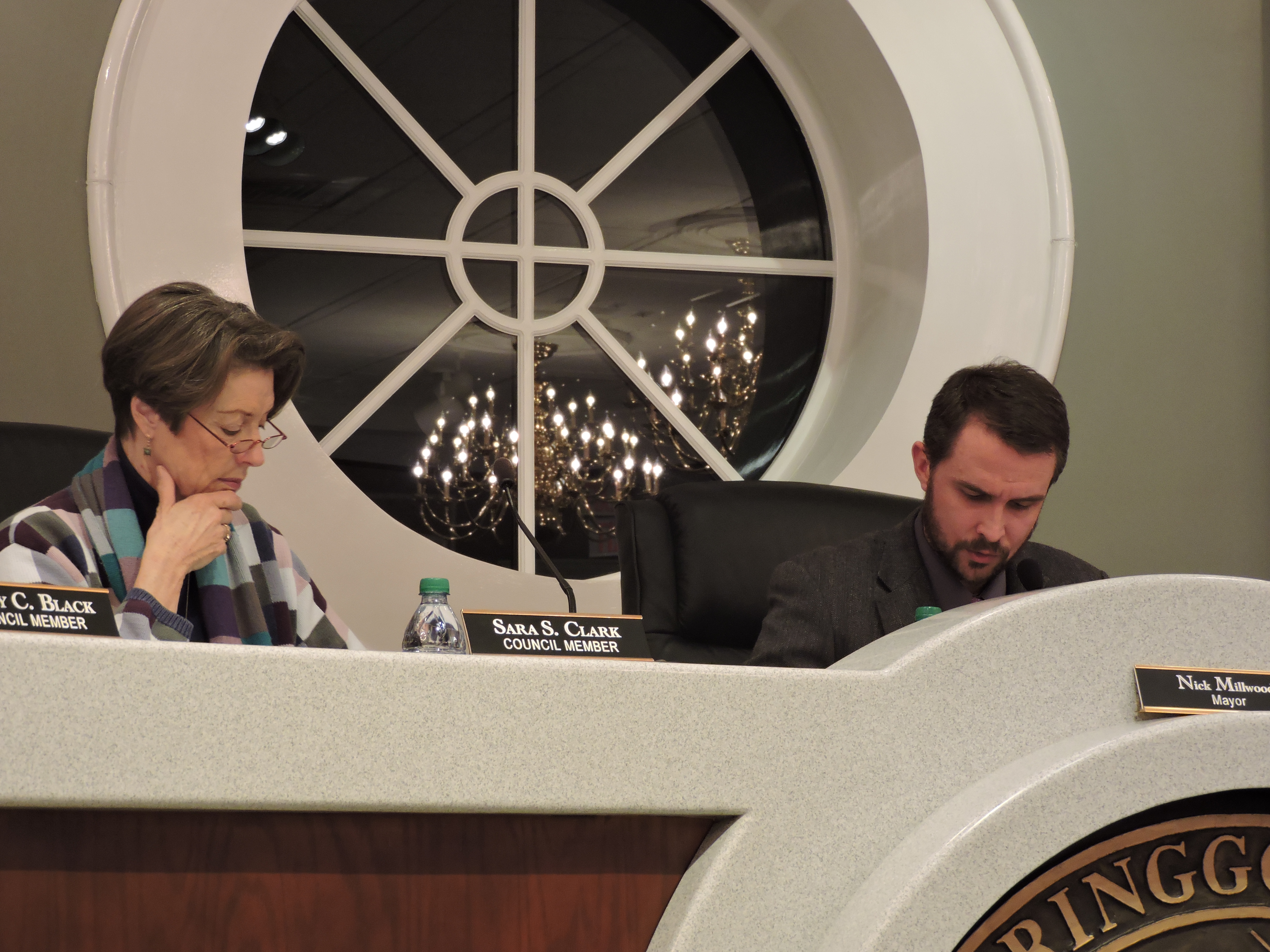 Ringgold Councilwoman Sara Clark and Mayor Nick Millwood look over the city charter during a special called meeting at Ringgold City Hall.
