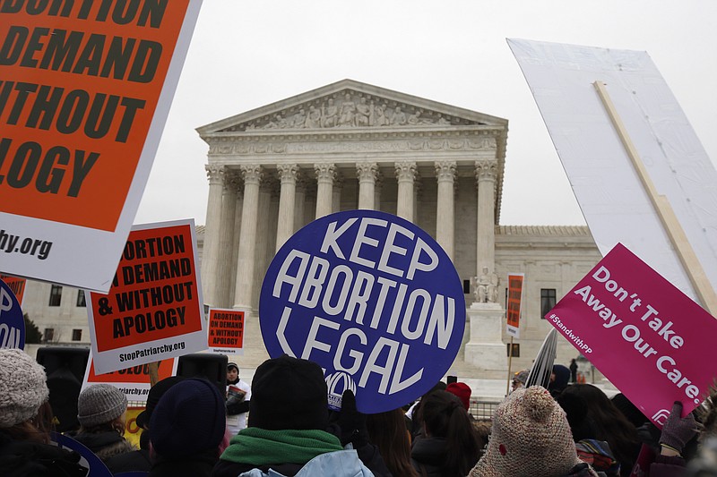 
              FILE - In this Jan. 22, 2016 file photo, pro-abortion rights signs are seen during the March for Life 2016, in front of the U.S. Supreme Court in Washington. The Supreme Court will not allow North Dakota to enforce a law banning abortions when a fetal heartbeat is detected as early as six weeks into a pregnancy. The justices on Monday, Jan. 25, 2016, turned away the state’s appeal of lower court rulings that struck down the 2013 fetal heartbeat law as unconstitutional. The law never took effect and abortion rights supporters said it was the strictest anti-abortion measure in the country.  (AP Photo/Alex Brandon, File)
            