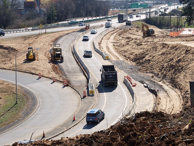 Fourth Street traffic enters U.S. Highway 27, southbound from the base of Cameron Hill high above , in downtown Chattanooga. 