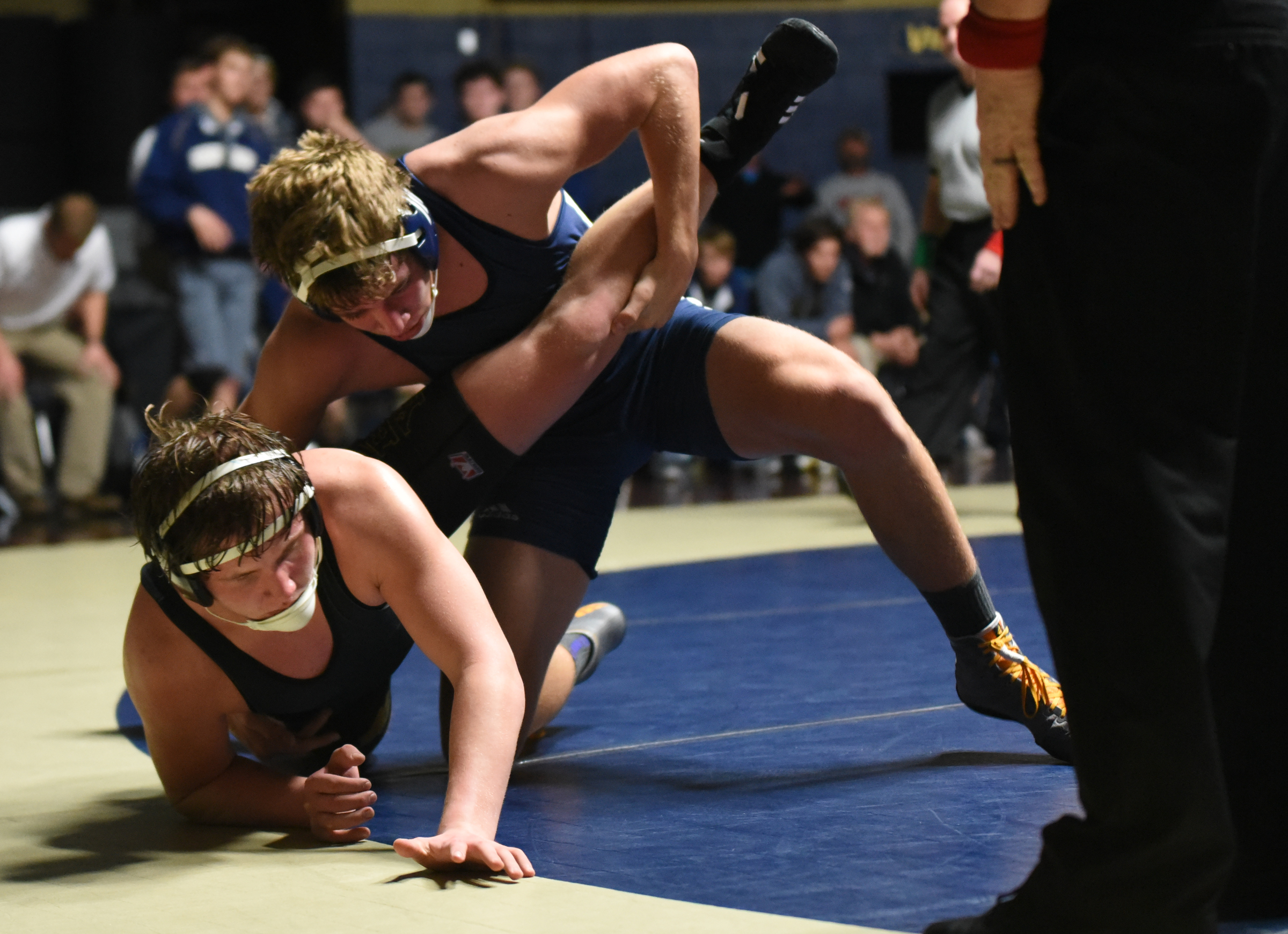 Soddy-Daisy's Ty Boeck, top, scores a take down on Bradley Central's Kevin Gentry in the 182-pound weight class Tuesday at Soddy-Daisy. Boeck scored a major decision of 17-7.
