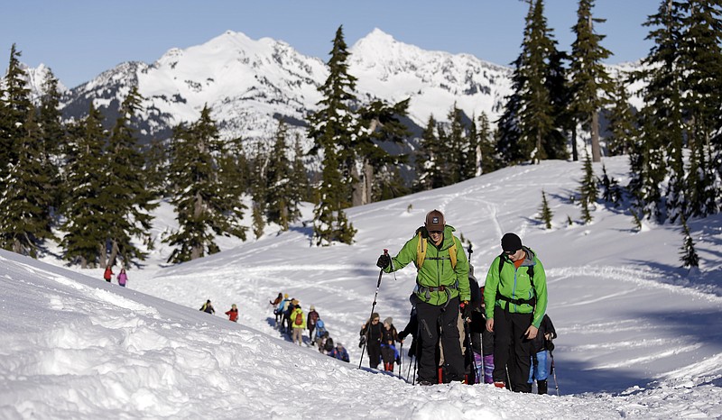 
              In this Jan. 11, 2016, photo Eric Gullickson, front left, an avalanche instructor with the Northwest Avalanche Center, leads teenagers on an avalanche awareness field trip at Mount Baker, Wash. As more young adults head out of bounds to ski, snowboard or hike in the winter, experts are targeting their message about avalanche safety and knowledge to an even younger audience. (AP Photo/Elaine Thompson)
            
