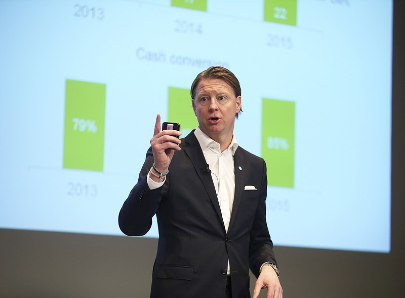 
              Ericsson CEO Hans Vestberg speaks as he presents the Swedish telecommunication company's sales report during a press conference in Stockholm, Wednesday, Jan. 27, 2016. (Soren Andersson/TT News Agency via AP) SWEDEN OUT
            