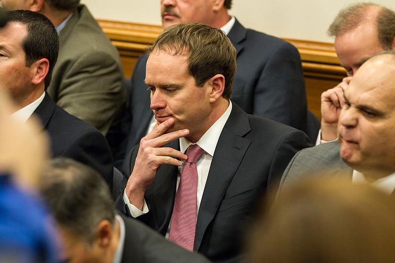 
              State Rep. Jeremy Durham awaits the start of a House Republican Caucus meeting on Wednesday, Jan. 27, 2016, in Nashville, Tenn. Durham announced that he would withdraw from the GOP caucus to avoid distractions amid a sexual harassment investigation. (AP Photo/Erik Schelzig)
            