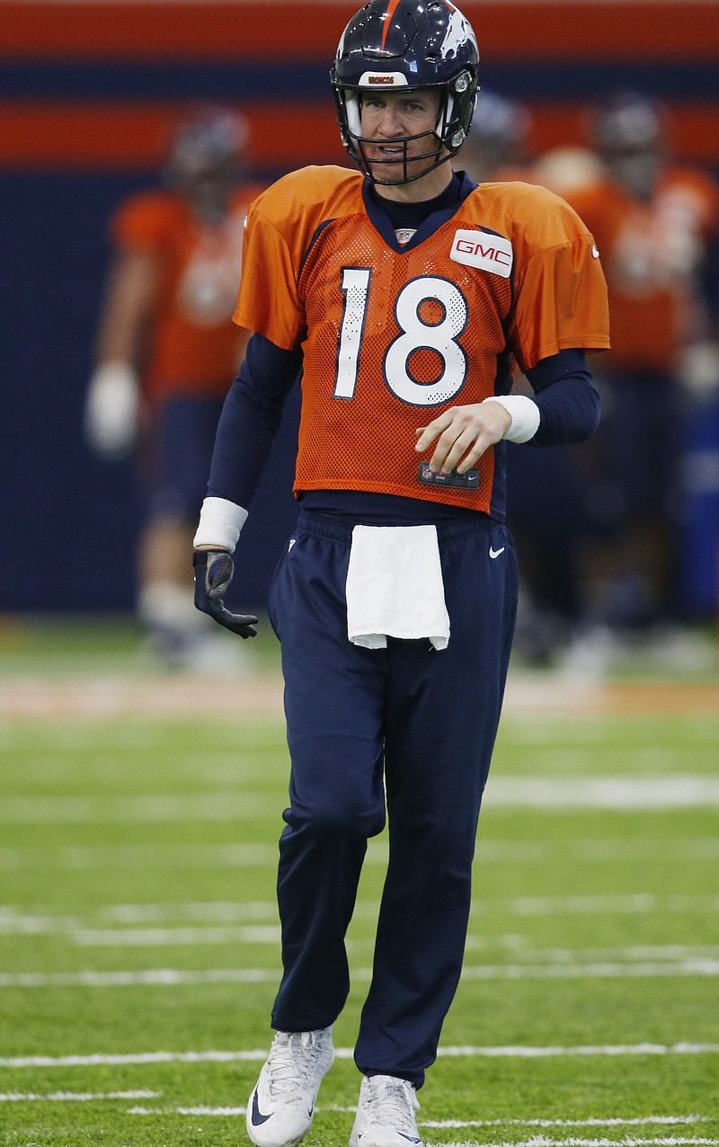 Denver Broncos quarterback Peyton Manning (18) takes a break from drills during an NFL football practice, Friday, Jan. 29, 2016, in Englewood, Colo. The Broncos are preparing to face the Carolina Panthers in Super Bowl 50 on Sunday, Feb. 7, in Santa Clara, Calif. (AP Photo/David Zalubowski)