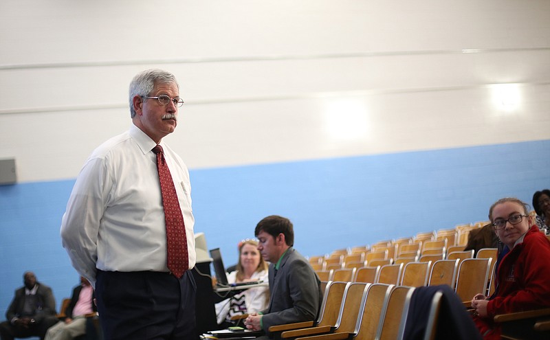 Superintendent Rick Smith listens to audience questions after a presentation in which he laid out his plans for what additional funding could bring at Brainerd High School on April 28, 2015, in Chattanooga, Tenn. Smith gave the same presentation at other public high schools across Hamilton County. 